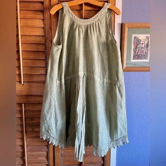 Sleeveless Green Italian Linen Boho Cottagecore Tunic with Crochet Lace Trim L - Picture 10 of 10